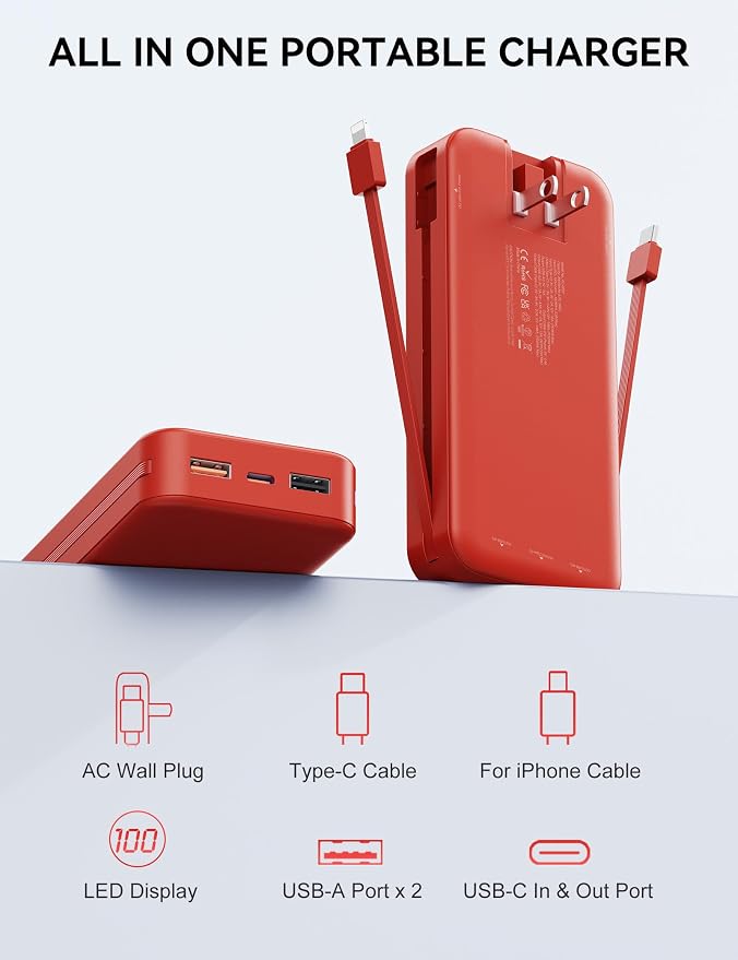 Portable Charger, 20000mAh 22.5W Fast Charging Power Bank with Built-in Cables & Wall Plug, USB C External Battery Pack with LED Display, Travel Essentials Phone Charger for iPhone iPad Samsung Red - Image 3