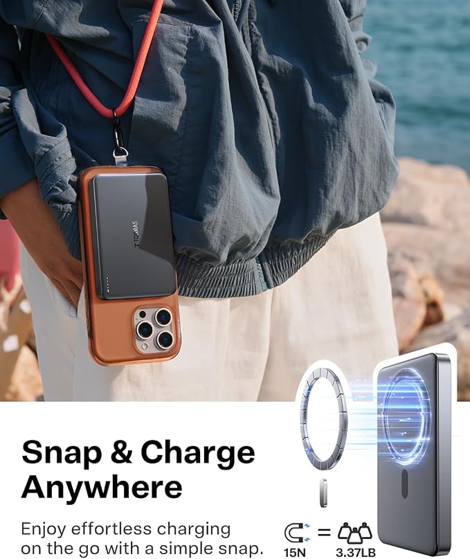 TORRAS MiniMag Power Bank,Ultra-Slim 10,000mAh Magnetic Wireless Portable Charger, 22.5W Fast Charging iPhone Air Magnetic Battery Pack Designed for iPhone 17 Pro Max/17 Pro/Air/16/15/14/13/12, Gray - Image 4