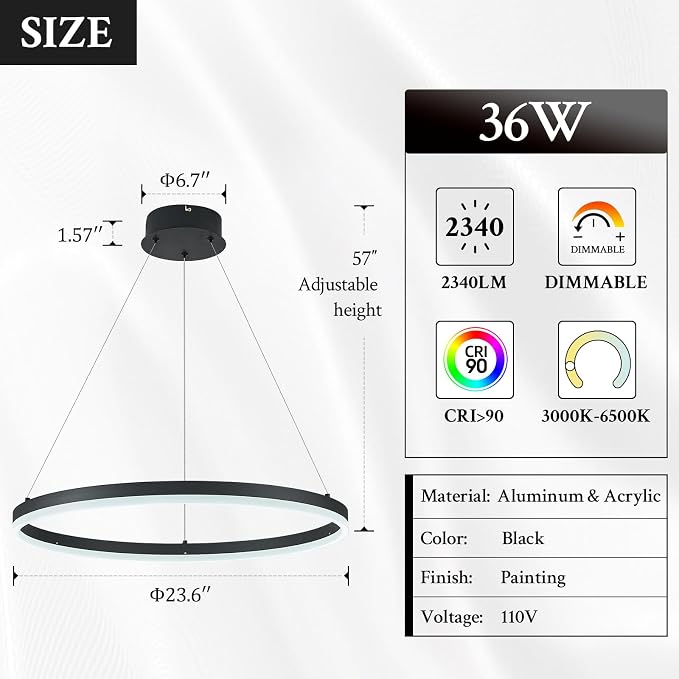 Modern LED Pendant Lighting Ring Chandelier Black Dimmable LED Chandelier - Image 6