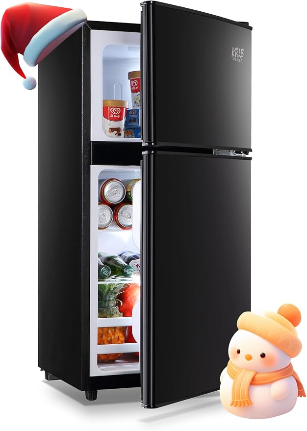 Refrigerators with Freezer on Top, Fridge 7- Level Adjustable Thermostat, Refrigerator for Apartment, Office, Camping, Black by KRIBBLING