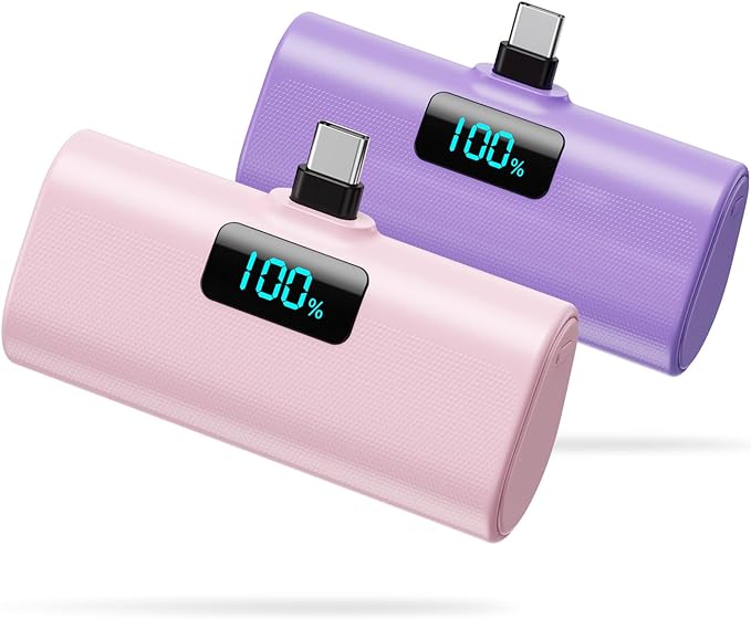 [2-Pack]Small Portable Charger 5200mAh, Upgraded PD USB C Power Bank Built-in USB-C Connector,LCD Display Battery Pack Compatible with iPhone 15/15 Plus/15 Pro/15 Pro Max/Samsung Android(Pink+Purple) by HETP