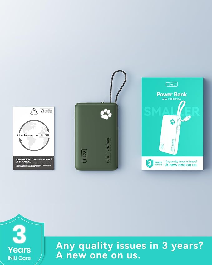 INIU 45W Power Bank, Fast Charging Portable Charger with Built-in USB C Cable, 10000mAh Small Type C Powerbank, Battery Pack for iPhone 17 16 15 14, iPad, Samsung S25 S24 etc Travel Camping, Green - Image 8