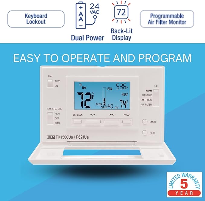 Lux Pro P621U-010 Programmable 5-1-1 Day Thermostat, 2 Heat, 1 Cool, Batteries - Image 2