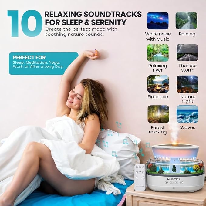 Dreamlax Rain Humidifiers for Bedroom – Cool Mist Essential Oil Diffuser, White Noise Machine with 10 Nature Sounds, 7 LED Lights, Remote Control & Decorative Raindrop Lamp - Image 7