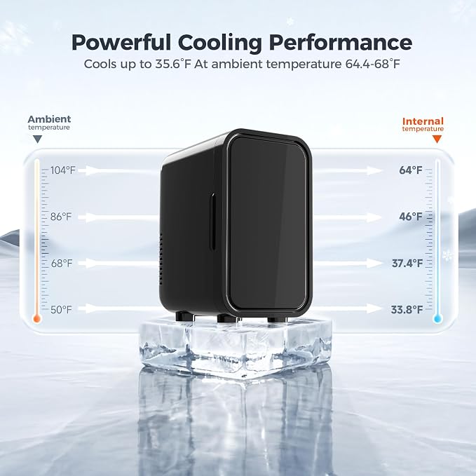 OSTBA Mini Fridge for Skincare, 6 Liter/8 Can 110V AC/ 12V DC Portable Thermoelectric Cooler Refrigerators for Bedroom, Skincare, Beverage, Office, Dorm Room and Car, Black - Image 3