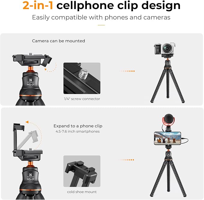 K&F CONCEPT MS01 Mini Tripod Stand, Flexible Camera Cellphone Tripod - Image 2