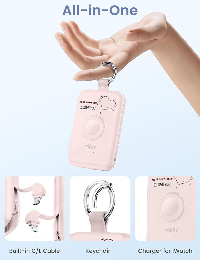 RORRY Portable Charger, 10000mAh PD 20W Fast Charging Portable Charger Power Bank with Built in Cables, Travel Battery Pack for iPhone and Apple Watch Ultra/11/10/9/8/7/6/5, Mom-Pink - Image 2