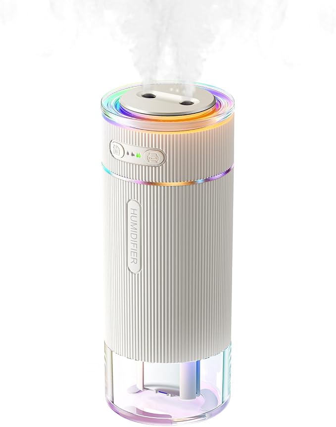 WSKEN Portable Small Humidifier for Bedroom - [Dual Nozzle Large Cool Mist] [Ambiance Lighting] [Car Smart On/Off] Ultrasonic Mini Personal Desk Air Humidifiers for Travel Office Baby Room,White by SmartProtectionGreenerFuture