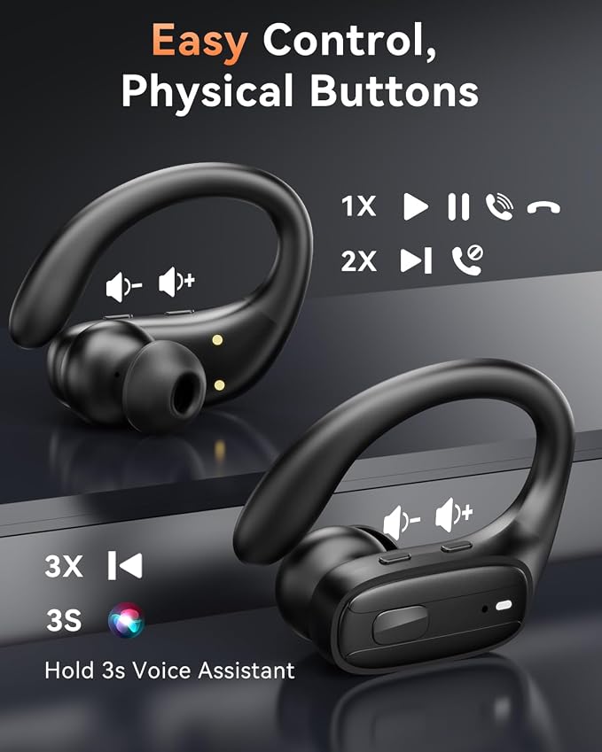 Wireless Earbuds with Ear Hooks, Running Headphones, Ear Buds for Sports | 80H Long Playtime, Noise Cancelling, Physical Button Control, LED Display, IPX7 Waterproof Workout Earphones, Black - Image 6