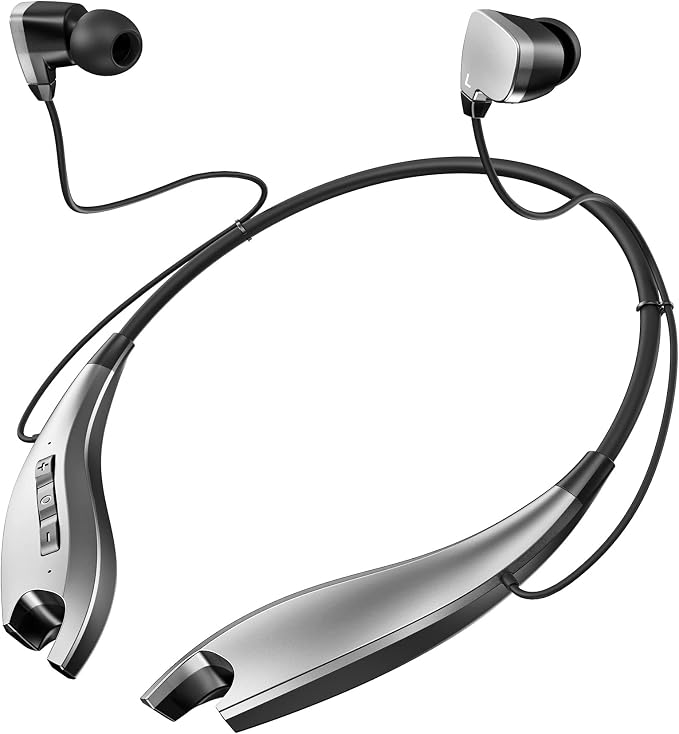 Neckband Bluetooth Headphones, 24H Playtime, Noise Isolation, Silver | Around The Neck Headphones Shark Jaw Design, Bluetooth Headsets with Call Vibration, Earbuds Built-in Mic/IPX7 Waterproof by YOSDOM