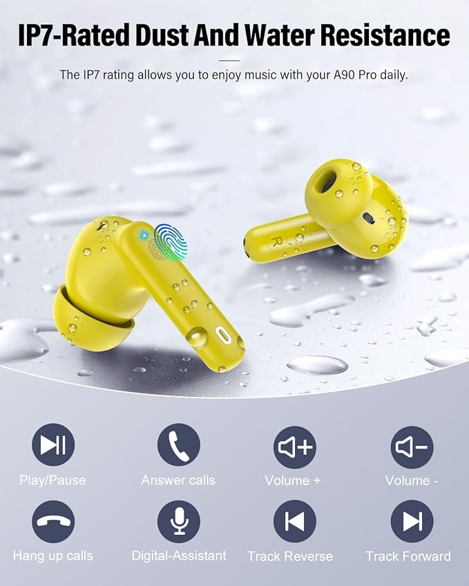 Wireless Earbuds, Bluetooth 5.4 Headphones Bass Stereo/Clear Calls, Yellow | Ear Buds with Noise Cancelling Mic LED Display in Ear Earphones IP7 Waterproof 36H Bluetooth Earbuds for Phones/Sport/Laptop - Image 7