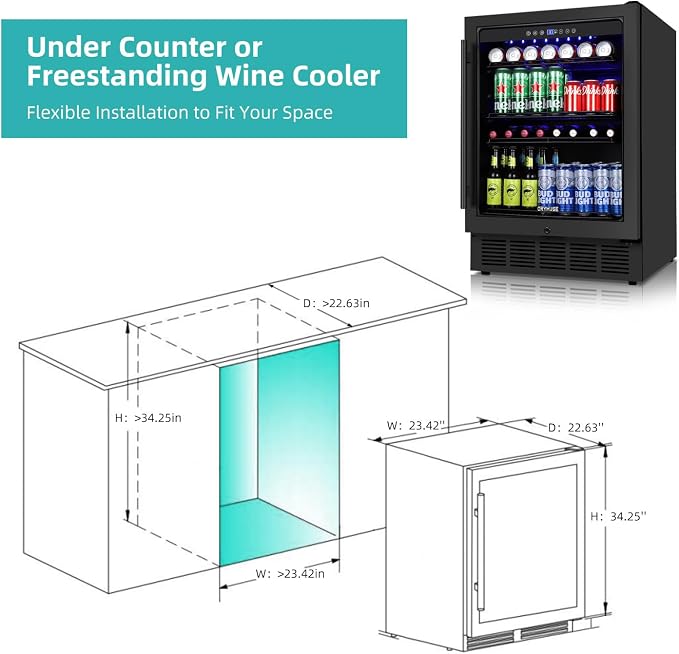 Beverage Refrigerator 24 Inch, 180 Can Drink Fridge with Glass Door, Under Counter or Freestanding Beverage Cooler for Soda, Beer, Wine – Quiet Cooling for Kitchen, Bar, Office, Black - Image 6
