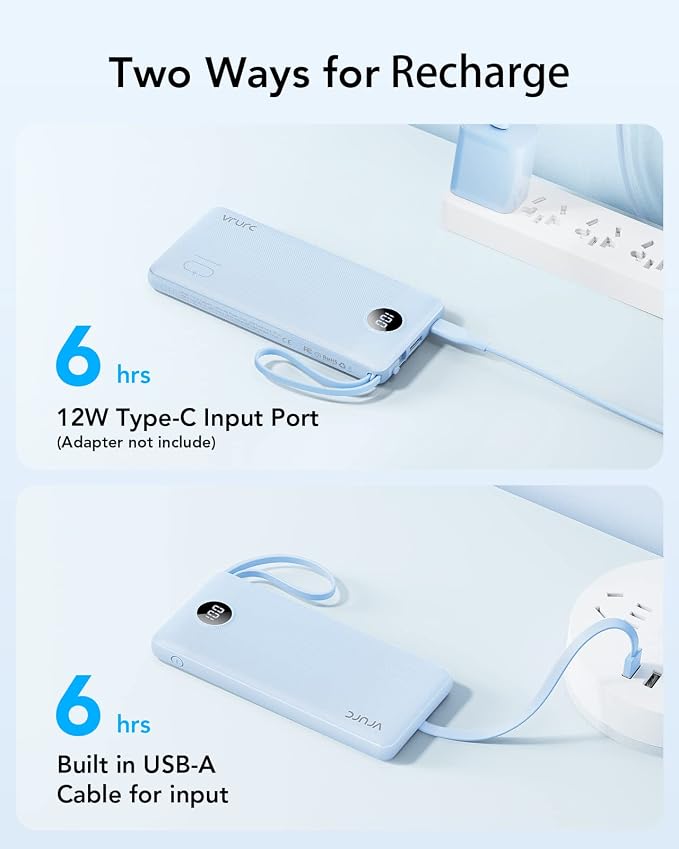 VRURC 10000mAh Power Bank Built-in Cables, Portable Charger with LED Display, Slim Travel Battery Pack with Cords, 5 Output Dual Input Phone Charger for Cell Phone Smart Devcies-Blue(1 Pack) - Image 9