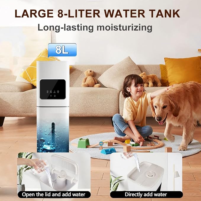Smart White Humidifier, 2.1Gal/8L Large Capacity Cool Mist Humidifier with 3 Mist Levels, Auto Humidity Control, Timer & Auto Shut-Off, LED Panel & Remote, 360° Nozzle for Nursery, Office, Plants - Image 6
