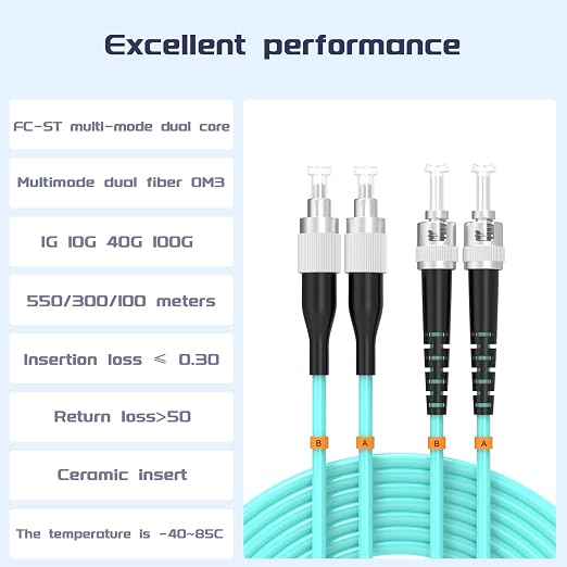 OM3 FC/UPC to ST/UPC Fiber Patch Cable 20Meters 65ft 10BG Multimode Duplex - Image 2