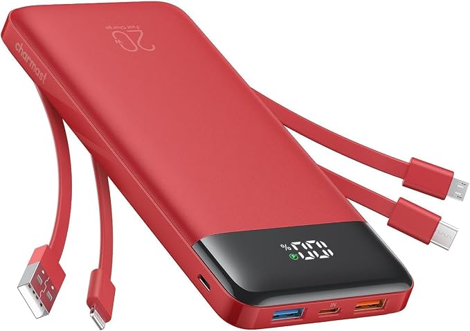 charmast 20000mAh Portable Charger with Built in Cables, 22.5W Travel Power Bank Fast Charging, USB C Cell Phone Battery Pack for iPhone 17/16/15/14/13/12 Series, iPad, Samsung, Android, Tablet by Charmast