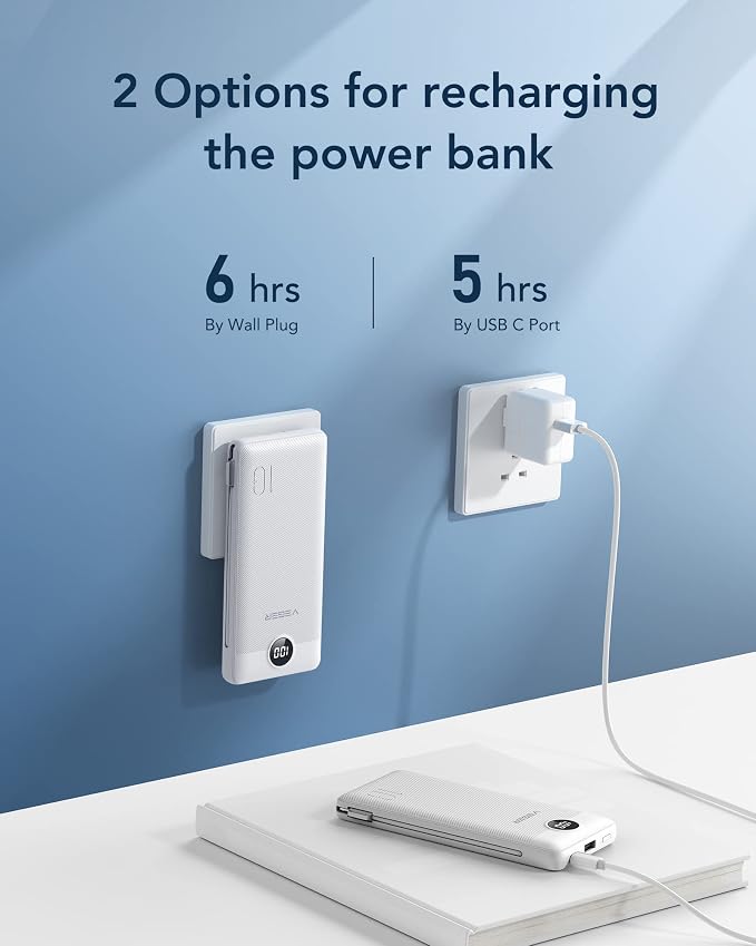 VEGER Portable Charger with Built-in AC Plug and Cables, All in One 10000mAh Ultra Slim Power Bank Travel Essentials, Fast Charging Battery Pack Compatible with iPhone, Samsung, Android (White) - Image 5