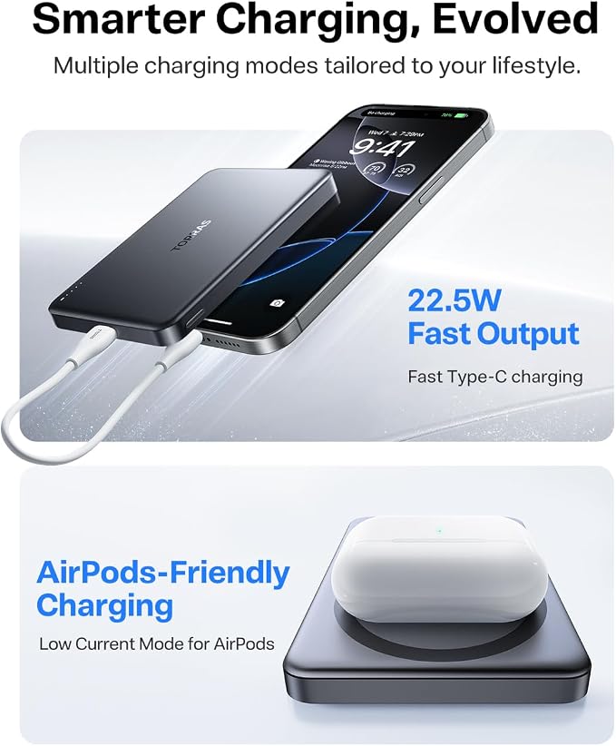 TORRAS MiniMag Power Bank,Ultra-Slim 10,000mAh Magnetic Wireless Portable Charger, 22.5W Fast Charging iPhone Air Magnetic Battery Pack Designed for iPhone 17 Pro Max/17 Pro/Air/16/15/14/13/12, Gray - Image 5