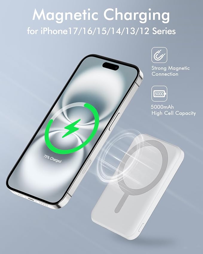 podoru for Magsafe Battery Pack, 5000mAh Magnetic Power Bank with Type-C Cable 20W PD Fast Charging Lighting Input Wireless Portable Charger for iPhone 17/16/15/14/13/12/ All Series-Snow White - Image 3