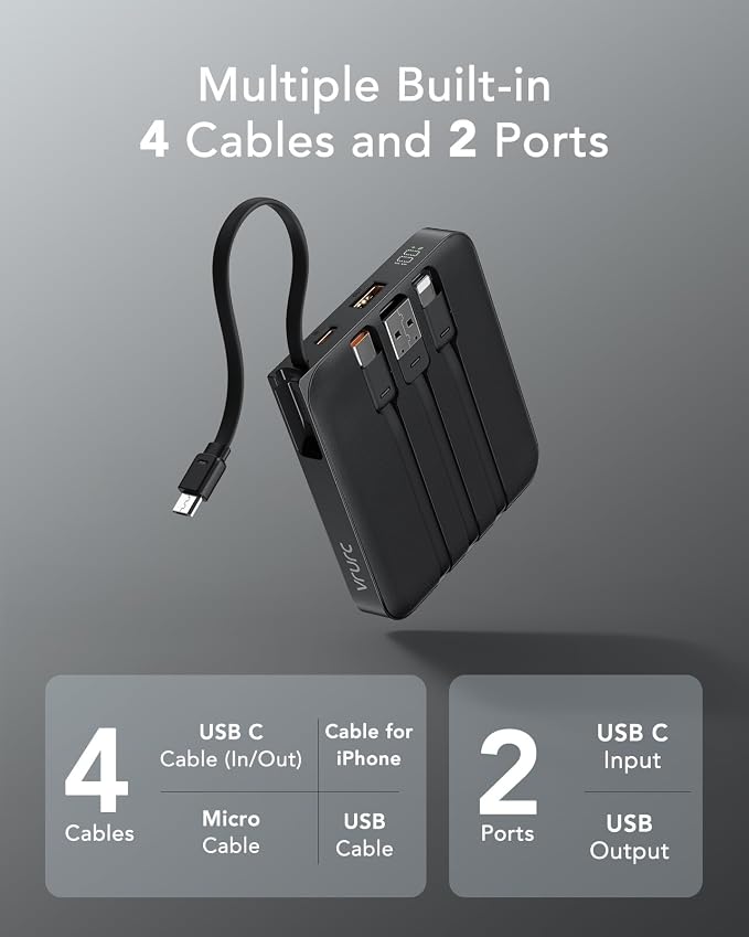 VRURC Portable Charger with Built-in Cable, 10000mAh 22.5W Fast Charging USB C Battery Pack, Cell Phone Power Bank for iPhone 17 16 15 Series Android Tablet (Black) - Image 2