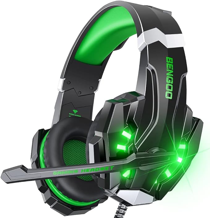 BENGOO G9000 Stereo Gaming Headset for PS4 PC Xbox One PS5 Controller, Noise Cancelling Over Ear Headphones with Mic, LED Light, Bass Surround, Soft Memory Earmuffs for Laptop Mac - Green by BENGOO