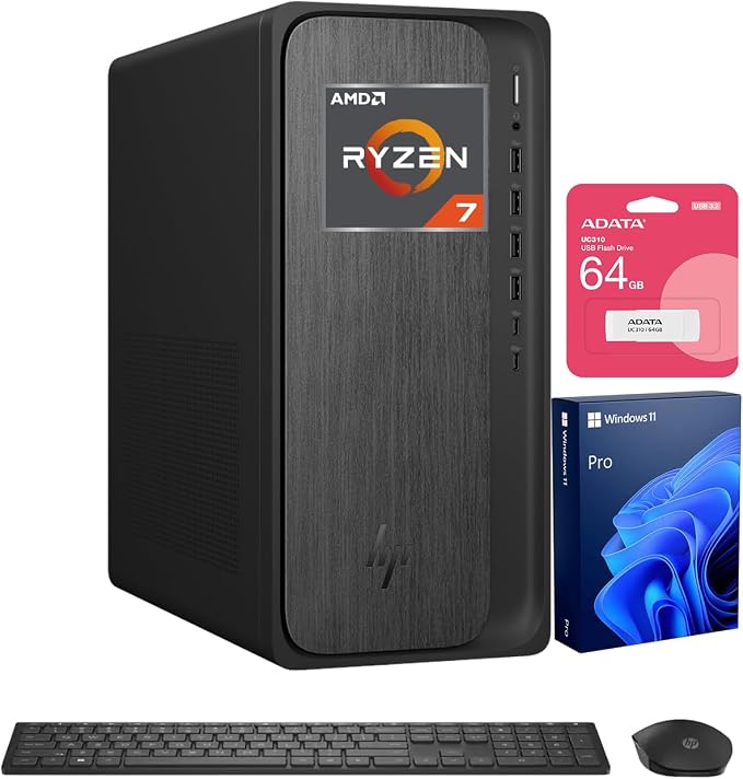 HP OmniDesk M02 Tower Desktop for Professionals, AMD Ryzen 7 8700G Performance for Productivity & Multitasking, 32GB DDR5 RAM, 1TB SSD, W11P, Wireless KB & M, Bundle with ADATA 64GB USB Flash Drive by Unknown