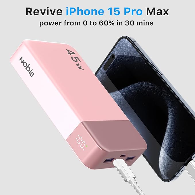 NOBIS Portable Charger, 20000mAh Power Bank, 45W Power Bank Fast Charging, Battery Pack with C to C Cable, Battery Bank with Digital Display for Phone Android Laptop etc (Pink) - Image 2