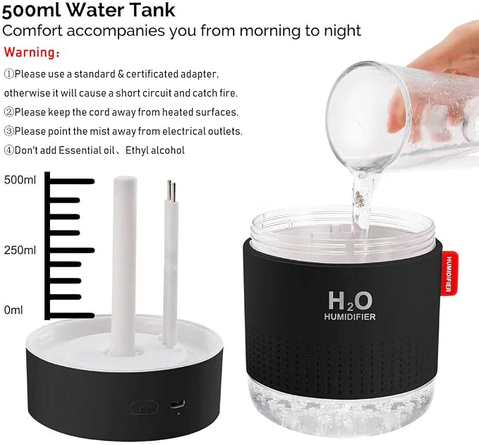 Portable Mini Cool Mist Humidifier, 500ml USB Personal Desktop Humidifier for Baby Bedroom Travel Office Home, Auto Shut-Off, 2 Mist Modes, Super Quiet (Black) - Image 5