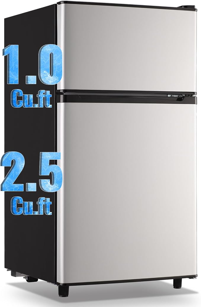 3.5 Cu.Ft Compact Refrigerator Silver, Dual-Door MIni Fridge for Home | 2 Removable Glass Shelves, Large Capacity with 7 Settings, Low Consumption for Dorm Apartment by WANAI%C2%AE