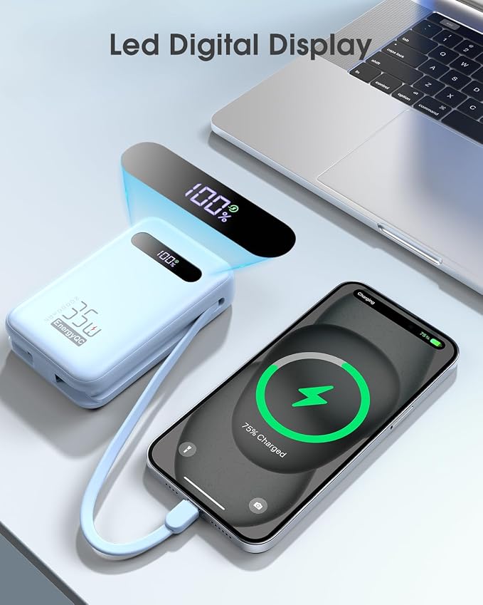 EnergyQC 20000mAh Portable Charger, 35W PD 3.0+QC 4.0 Fast Charging Power Bank with Built-in Lightning & USB-C in&Out Cables, Travel Battery Pack for iPhone 16/15/14/13, Samsung, iPad, Android, Blue - Image 6