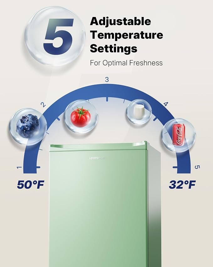 Upstreman 3.2 Cu.Ft Mini Fridge with Freezer, Green-BR321 | Adjustable Thermostat, Energy Saving, Low Noise, Reversible Door, Small Refrigerator for Dorm, Bedroom, Office - Image 3