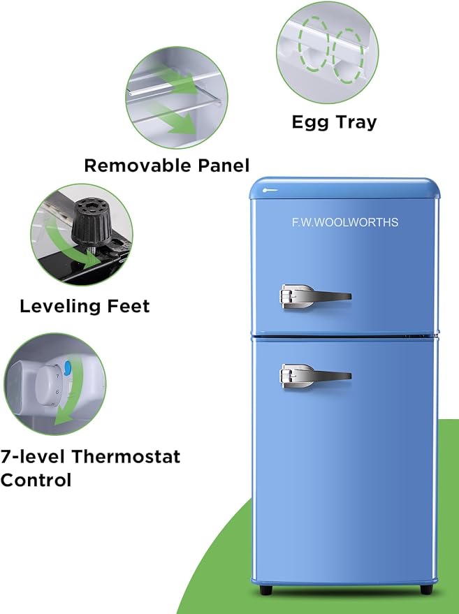 F.W.WOOLWORTHS 3.5 Cu.Ft Refrigerator with Freezer | Compact Fridge with 2 Doors for Office, Kitchen, Dorm and Bedroom, 7 Level Temp Adjustable Thermostat, Blue - Image 6