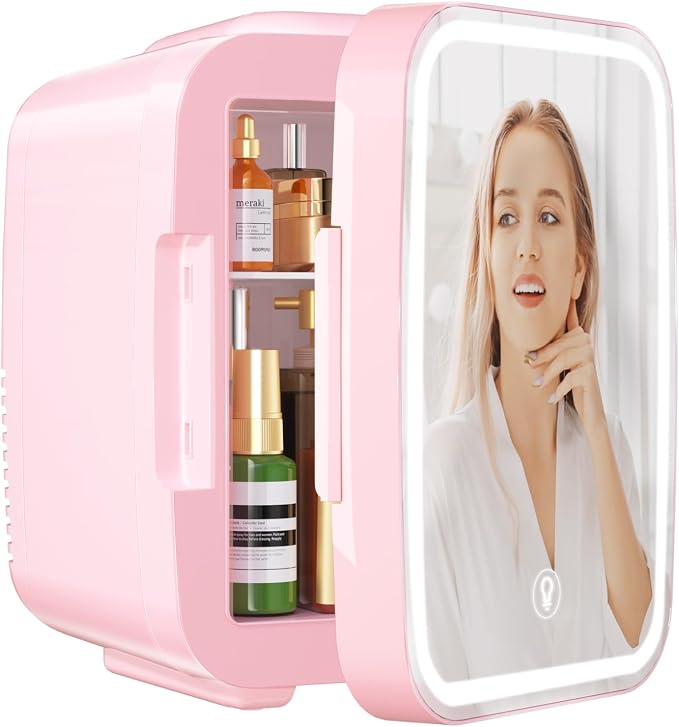 OSTBA Skincare Fridge Mini Fridge for Bedroom with Dimmable LED Mirror, 4Liter/6 Cans Cooler and Warmer for Makeup, Cosmetic, Beauty, Portable Refrigerator for Bedroom, Vanity, Office and Car by OSTBA