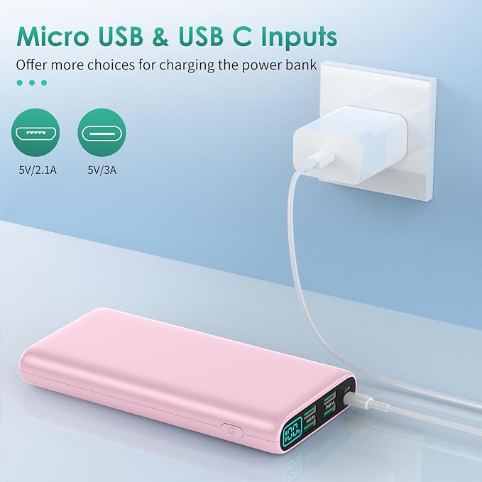 Portable Charger 38800mAh,LCD Display Power Bank,5 USB Outputs Battery Pack Backup, USB-C 3A in&out Travel Essential Portable Phone Charger For iPhone 17/16/15/14/13 Pro/12,Android Samsung Galaxy-Pink - Image 6