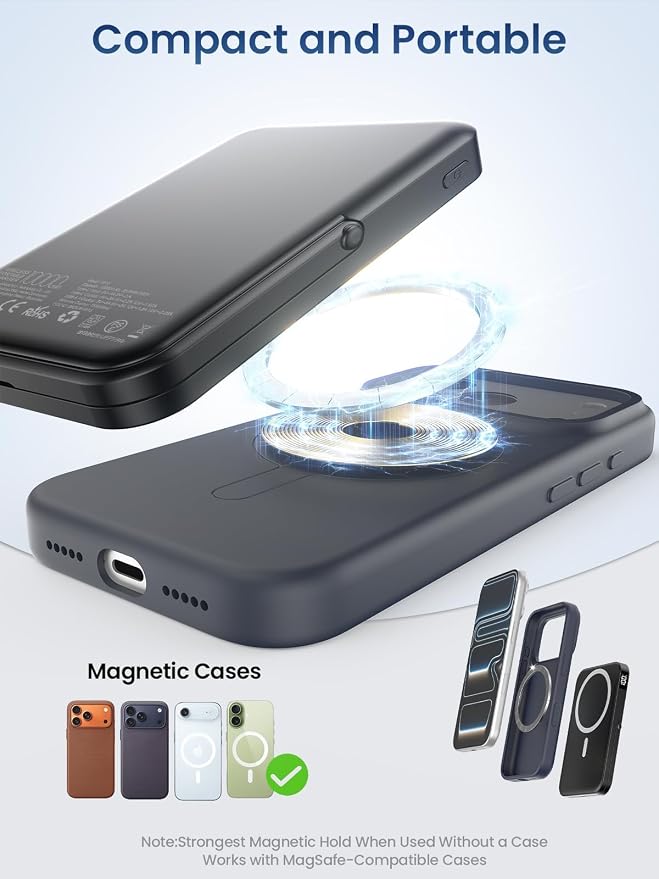 Portable Charger for Magsafe Battery Pack,10000mAh Power Bank with Foldable Stand,Travel Essential PD 22.5W Fast Charge,Magnetic Charge Wireless Charger for iPhone 17/16/15/14/13/12 Series–Black - Image 6
