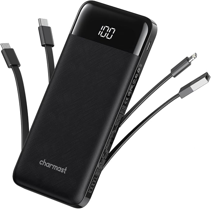 charmast Portable Charger with Built in Cables, Power Bank with Cords Wires, Slim 10000mAh Travel Battery Pack 6 Outputs 3 Inputs 3A Fast Charging for Samsung Google Pixel LG Moto iPhone iPad by Charmast