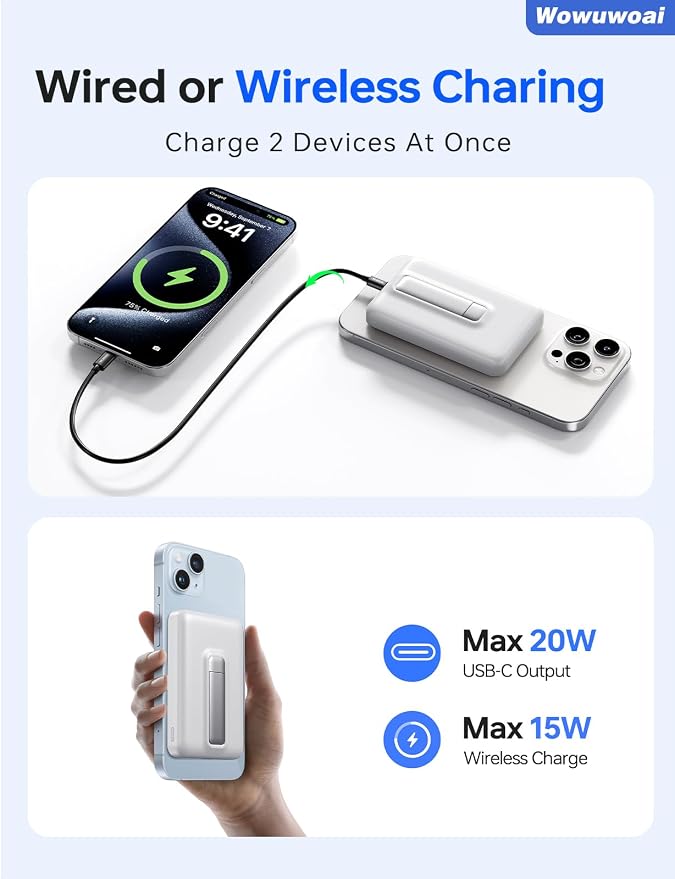 for Magsafe Portable Charger, 10000mAh Wireless Power Bank with Stand, USB C PD 20W Fast Charging Powerbank, Magnetic Battery Pack Compatible for iPhone 17/16/15/14/13/12 Series - White - Image 4
