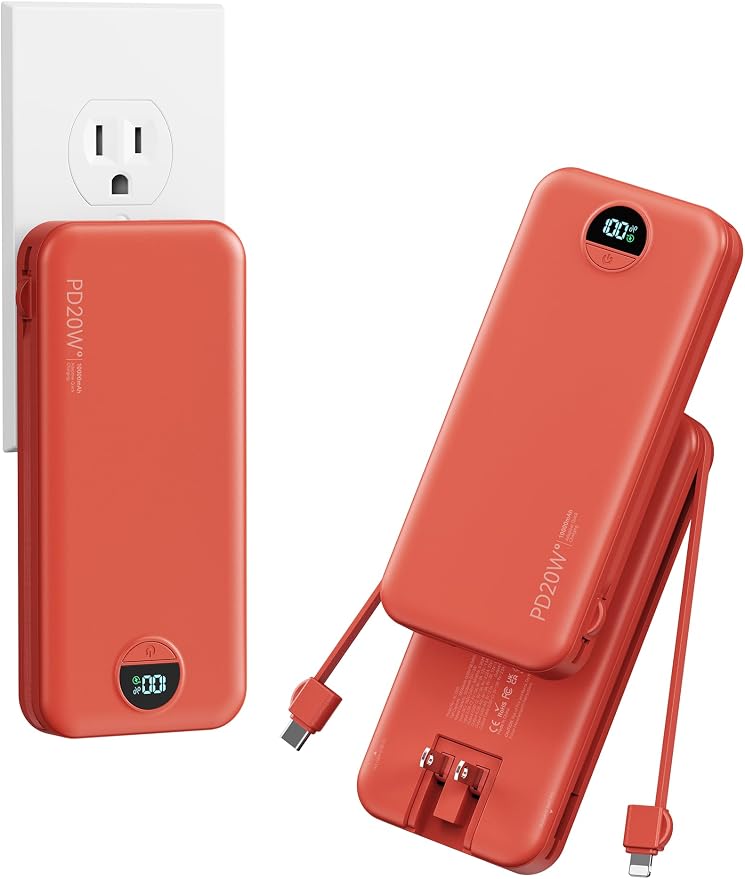 10000mAh Ultra-Portable-Charger-Power-Bank with Built in Cables&AC Wall Plug, PD20W USB-C Fast Charging Cell Phone Charger Battery Pack,LED Display Travel Battery Bank for All iPhone,Samsung,Android by AONIDI
