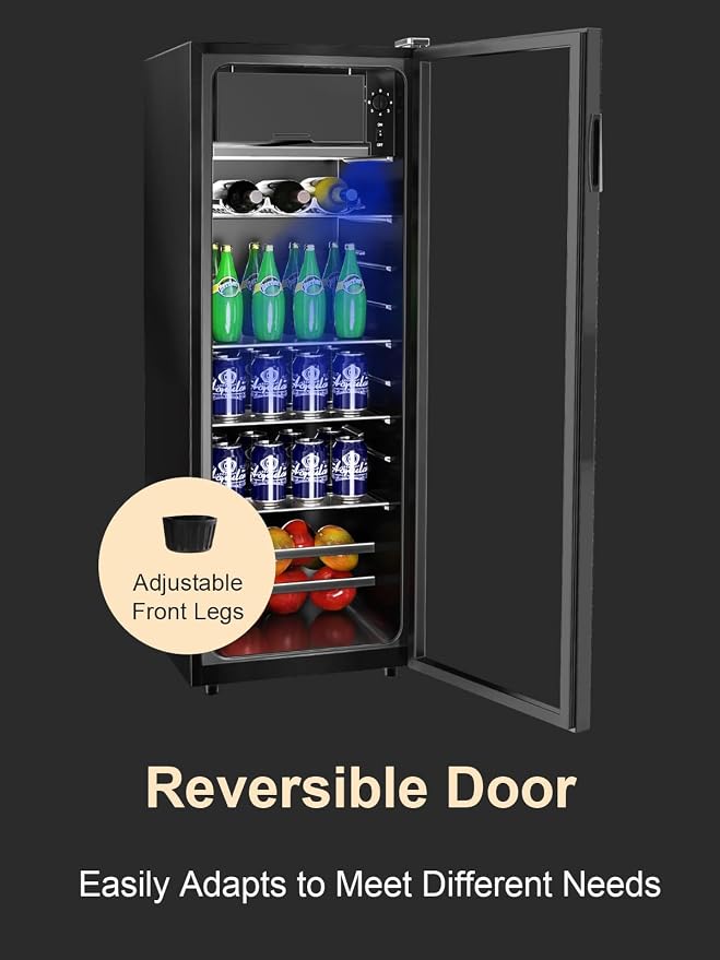 Beverage Refrigerator with Freezer 180 Can Freestanding Cooler Black | Adjustable Shelving Glass Door for Beer Soda or Wine Perfect for Home Office or Bar, - Image 6