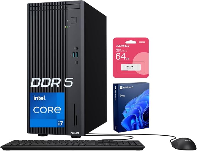 ASUS V500 Home & Business Tower Desktop, 10-core Intel Core i7-13620H Processor, 16GB DDR5 RAM, 1TB SSD, DisplayPort, Wi-Fi 6, Wired KB & Mouse, Win11 Pro, Bundle with ADATA 64GB USB Flash Drive by Unknown