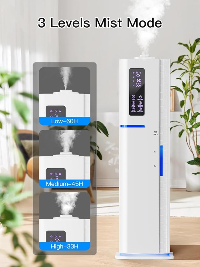 10L/2.64Gal Humidifiers for Bedroom, Top Fill Quiet Ultrasonic Cool Mist Humidifier Large Room, Covers 550ft², 60H Runtime, 24H Timer, 3 Mist Modes Humidifiers for Home, Office, Plants, White - Image 3