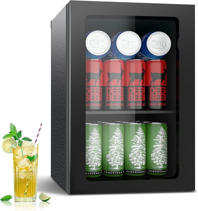 Stopasd Beverage Refrigerator Cooler, 0.9 Cu.Ft/24 Can Drink Fridge with Adjustable Shelves & Clear Door for Soda Wine Beer, Countertop Mini Fridge, Compact Design for Home/Office/Bar (40-61 ℉), Black by Stopsad