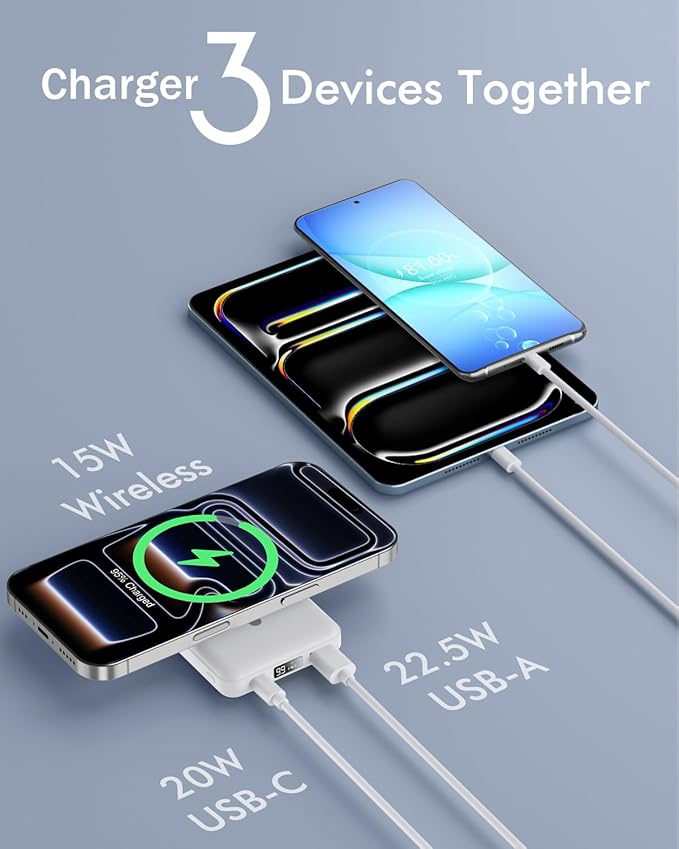 podoru for Magsafe Battery Pack, Foldable 10000mAh Magnetic Power Bank with USB-C Cable LED Display 22.5W PD Fast Charging Wireless Portable Charger for iPhone 17/16/15/14/13/12 Series-White - Image 5