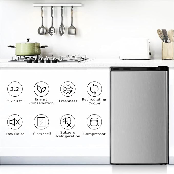 Antarctic Star Mini Compact Refrigerator with Freezer, 3.2 Cu.Ft. Single Door with Adjustable Thermostat,Removable Glass Shelves for Apartment/Dorm/Office,Silver - Image 6