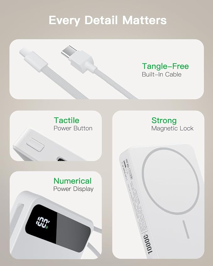 Magnetic Power Bank, 10,000mAh Wireless Portable Charger for Mag-Safe 15W Fast Charging, Battery Pack with USB-C Cable 20W In/Out for iPhone 17e/Air/17/16/15/14/13/12/Plus/Pro/Pro Max, AirPods & More - Image 7