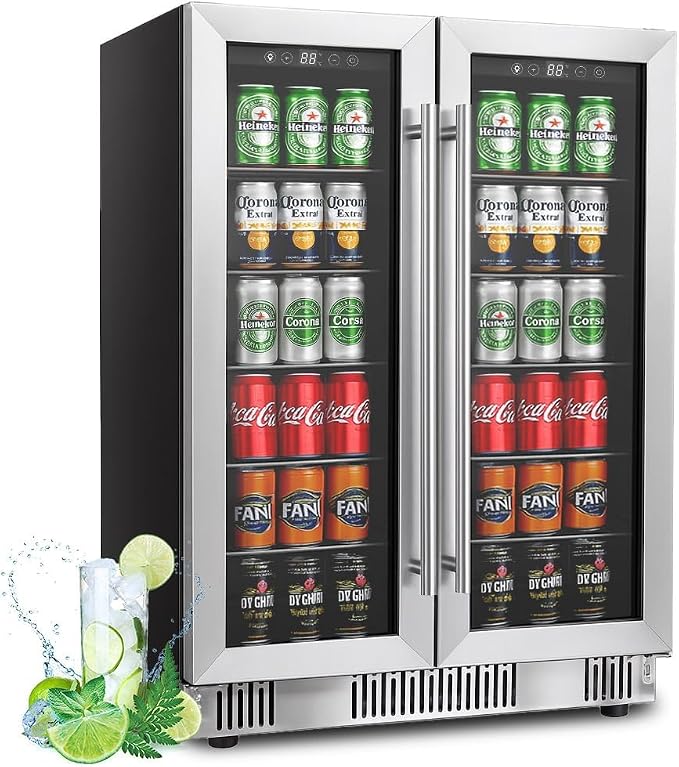 Stopasd Beverage Refrigerator Cooler, 5.4 Cu.Ft/176 Can Drink Fridge with Dual Zone Beverage Cooler Under Counter with Glass Door&LED Light, Quiet Undercounter Small Fridge for Home/Office/Bar, Silver by Stopsad