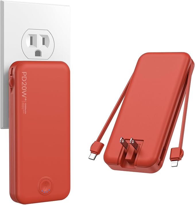 Nusyddy Portable Charger, 10000mAh PD20W Fast Charging Power Bank with Built-in Cables & Wall Plug, Travel Essentials External Battery Pack, USB C Battery Phone Charger for iPhone, iPad, Samsung Red by NUSYDDY