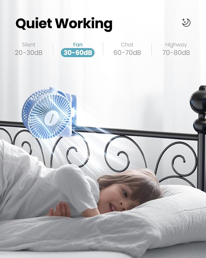 Gaiatop Portable Clip on Fan Battery Operated, Small Powerful 3 Speed Quiet 360° Rotate, USB Rechargeable Mini Personal Cooling Fan for Desk Table Home Office Stroller Camping Women Gifts Light Blue - Image 5