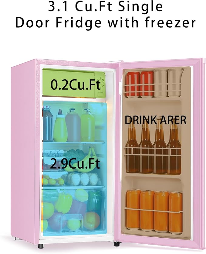 Seaoola Mini Fridge with Freezer, Single Door 3.1 Cu.Ft, Compact Mini Refrigerator, LED Light, Adjustable Thermostat, Removable Glass Shelves, Small Refrigerator for Dorm/Office/Bedroom(Pink) - Image 4