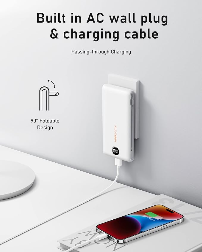 VEEKTOMX Portable Charger with Built in Cables 10000mAh, Power Bank for iPhone with AC Wall Plug, Fast Charging USB C Slim Battery Pack with LED Display Compatible with iPhone 17/16/15/14, Samsung - Image 2